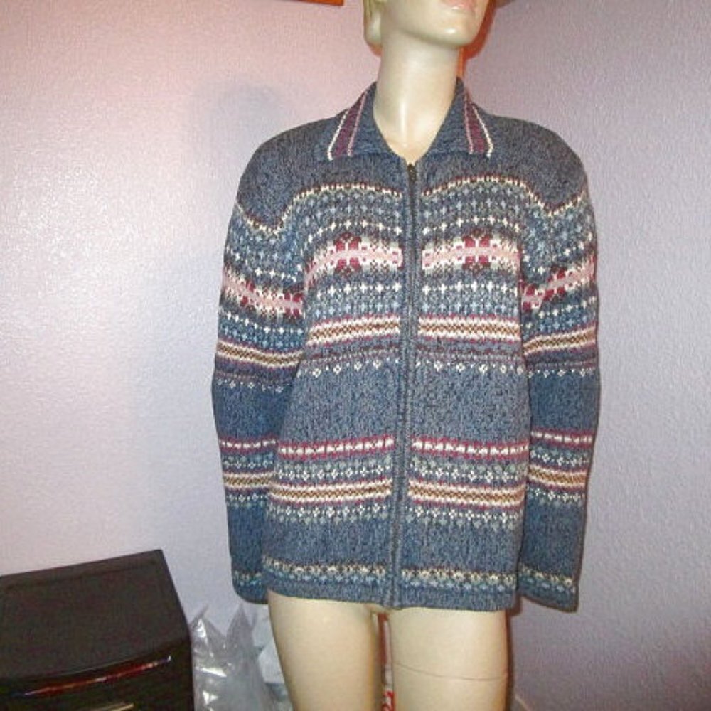 Vtg Heirloom Collectibles Hand Knit Cardigan Size L Sweater Fair Isle Full Zip